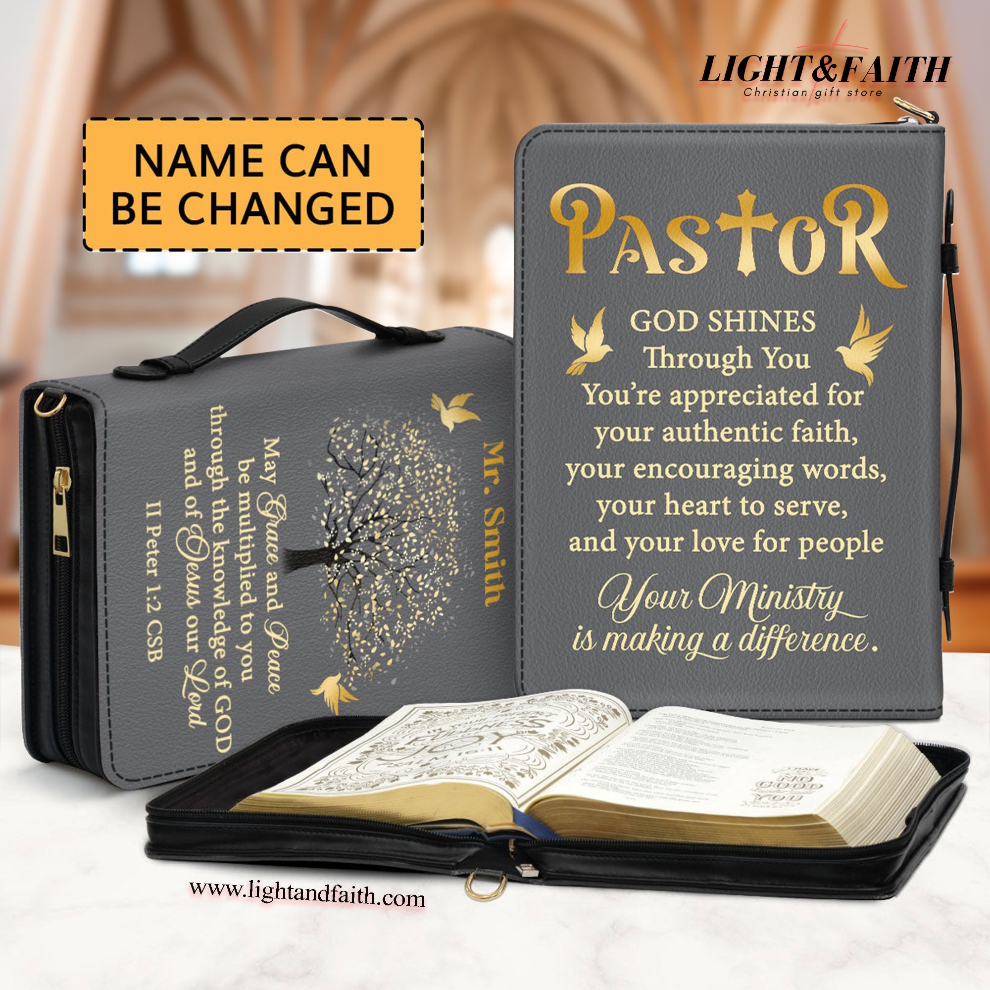 Grace And Peace Leather Book Cover, Personalized Zippered Bible Cover With Handle, Christian Inspirational Gifts For Pastor